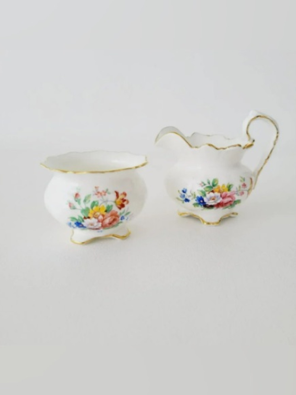 White Porcelain Floral Creamer and Sugar Set with Gold Trim